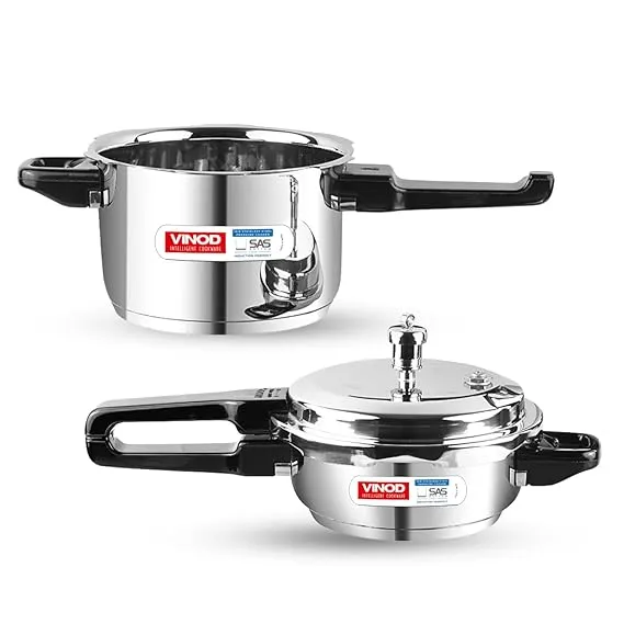Vinod Sandwich Bottom Stainless Steel Pressure Cooker Combo – 3 Litre and 2 Litre with Common Lid